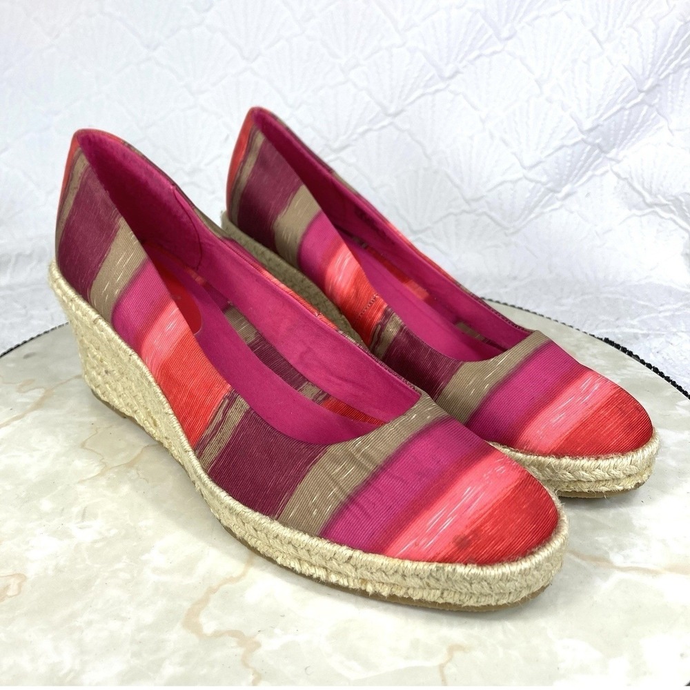 Soft Style Striped Espadrille Wedge Pumps Womens Sz 8.5 Pink Red Resortwear New